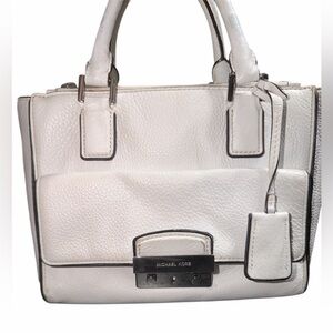 Michael Kors Audrey white pebbled leather satchel with lock and key